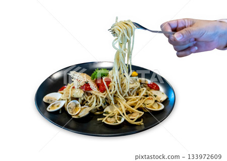 Top view of Seafood spaghetti, focus selective Top view of Seafood spaghetti, focus selective 133972609