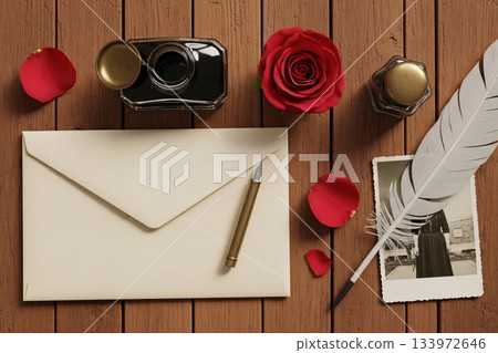 Flat Lay Letter Inkwell Rose Petals Vintage Memory Flat Lay Letter Inkwell Rose Petals Vintage Memory 133972646
