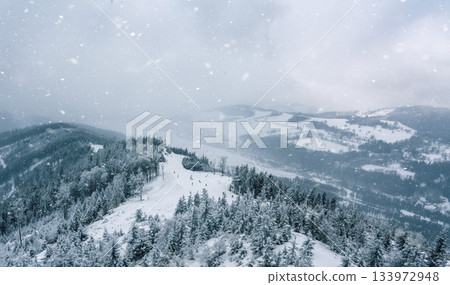 Snow Covered Mountain Forest During Heavy Snowfall 133972948