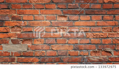 Old Red Brick Wall with Cracked Mortar Texture stock photo 133972975