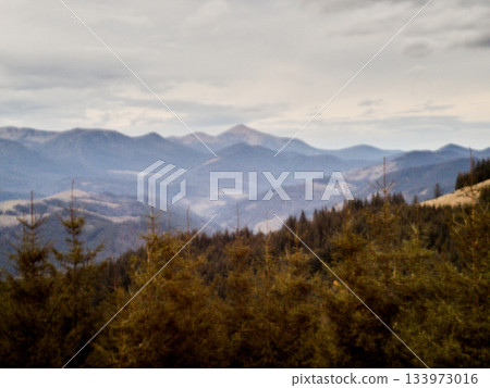 Misty mountain defocused landscape with layers of ridges fading into distance. Evergreen trees dominate foreground, while muted blue and gray hues of mountains and sky create atmospheric scene. Misty mountain defocused landscape with layers of ridges fading into distance. Evergreen trees dominate foreground, while muted blue and gray hues of mountains and sky create atmospheric scene. 133973016