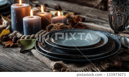 Cozy rustic table setting with candles and... - Stock Illustration ...