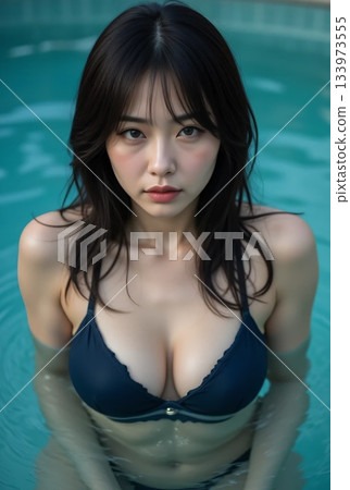 一名身穿藏藍色比基尼的女子在泳池中游泳，抬頭望向水面，神情嚴肅。 133973555