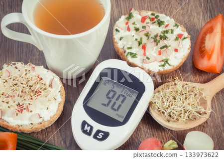 Glucometer with sugar level, freshly breakfast with tea. Healthy nutrition during diabetes Glucometer with sugar level, freshly breakfast with tea. Healthy nutrition during diabetes 133973622