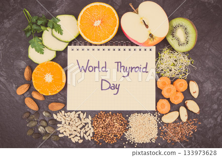 Nutritious ingredients and inscription World Thyroid Day 133973628