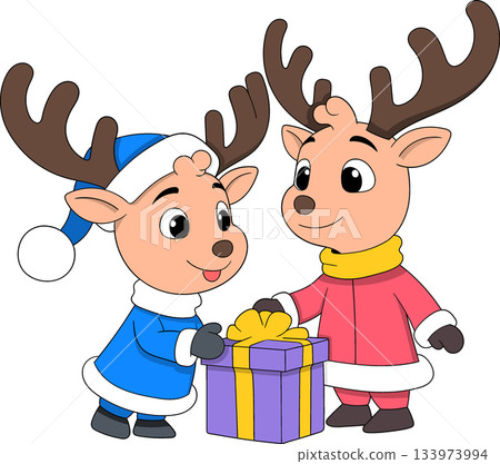 Cute Christmas reindeer characters exchanging a holiday gift Cute Christmas reindeer characters exchanging a holiday gift 133973994