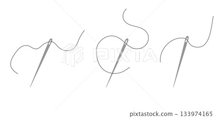 Elegant needle with thread. Needle symbol and curved thread, tailor and shoemaker needlework tool, sewing element. Small tattoo, print for clothes Elegant needle with thread. Needle symbol and curved thread, tailor and shoemaker needlework tool, sewing element. Small tattoo, print for clothes 133974165