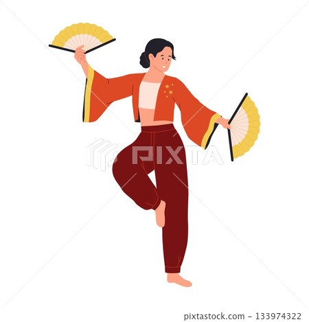 Illustration of Woman Fan Dance Performance 133974322