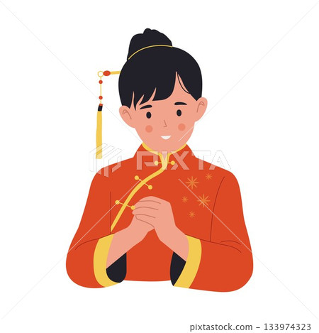 Illustration of a Woman in Traditional Red Qipao with a Respectful Gong Shou Hand Gesture 133974323