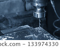 The hole chamfering process on NC milling machine with drill tools in the light blue scene.  The metal working concept on the milling machine. 133974330