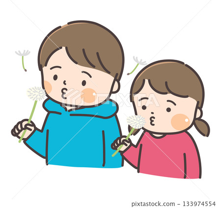 Illustration of a little brother and sister blowing dandelion fluff 133974554