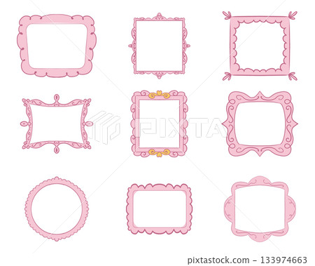 Princess frame mirror set line fairy. Whimsical cute doodle mirrors with crown for baby princess. Collection elegant pastel decor. 133974663