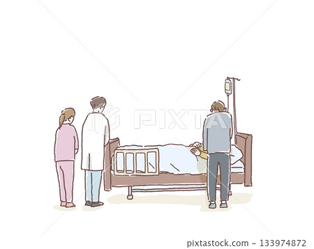 A patient lying in bed with his family and a doctor and nurse watching over him 133974872