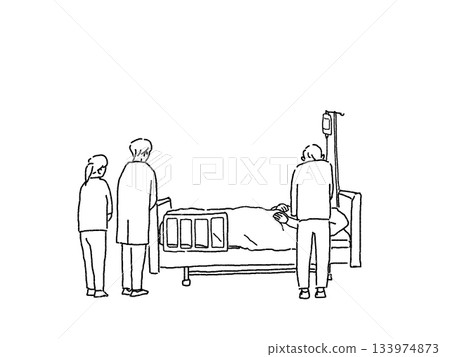 A patient lying in bed and his family, a doctor and nurse watching over him, line drawing A patient lying in bed and his family, a doctor and nurse watching over him, line drawing 133974873