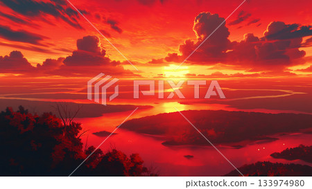 夕陽西下，遠處森林中一條大河蜿蜒流淌，動漫風格 133974980