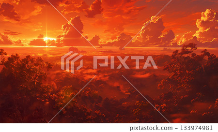 遠處是日落和森林，動漫風格 133974981