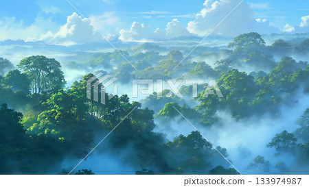 遠處陽光明媚的霧濛濛的森林，動漫風格 133974987