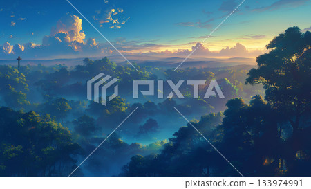 遠處，一片沐浴在晨光中的茂密森林，動漫風格 133974991