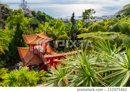 Monte Palace tropical garden with red pagoda, lakes and traditional buildings above the city of Funchal, popular tourist destination in Madeira island, Portugal Monte Palace tropical garden with red pagoda, lakes and traditional buildings above the city of Funchal, popular tourist destination in Madeira island, Portugal 133975862