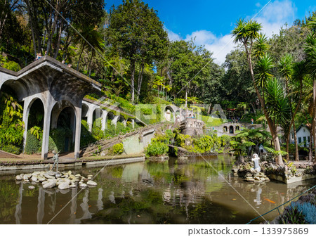 A serene garden scene in Madeira Monte Palace tropical garden in Funchal with lush greenery, a tranquil stream, and traditional architecture in the background. Ideal for nature lovers and tourists. A serene garden scene in Madeira Monte Palace tropical garden in Funchal with lush greenery, a tranquil stream, and traditional architecture in the background. Ideal for nature lovers and tourists. 133975869