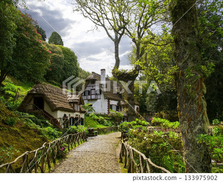Charming traditional architecture nestled in the verdant hills of Madeira levada PR9 Levada do Caldeirao Verde, featuring a stone path lined with trees and vibrant vegetation Charming traditional architecture nestled in the verdant hills of Madeira levada PR9 Levada do Caldeirao Verde, featuring a stone path lined with trees and vibrant vegetation 133975902
