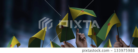 French Guiana flags in their hands on a blurred urban background 133975988