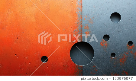 A grey and orange background with a black and grey circle in the middle 133976077