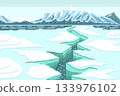 Frost fractures and cracked ice with glacial valleys background, Winter landscape, snow. 133976102