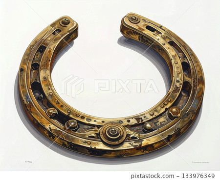 Amulet of lucky. Metal horse shoe on white background. Horse is symbol of 2026. Symbol of lucky. Amulet of lucky. Metal horse shoe on white background. Horse is symbol of 2026. Symbol of lucky. 133976349