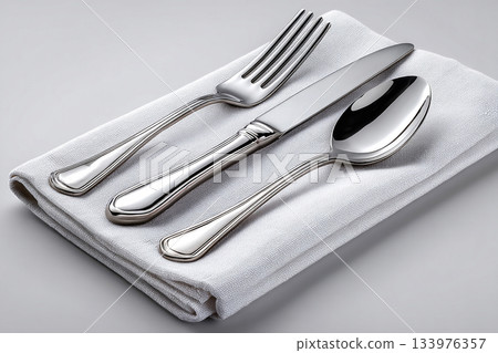 Marketing premium kitchenware and dining products. Set for everyday dining, Fork, knife and spoon on a white background. Dining settings. 133976357