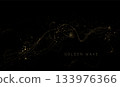A chaotic wavy pattern in gold on a black background. An isolated design component 133976366