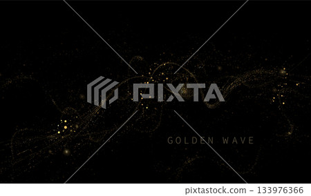 A chaotic wavy pattern in gold on a black background. An isolated design component 133976366