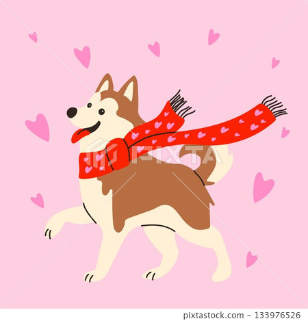 Cartoon Dog in Love Theme with Red Scarf and Hearts Cartoon Dog in Love Theme with Red Scarf and Hearts 133976526
