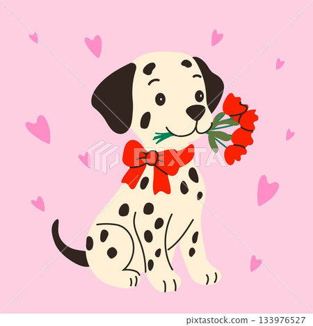 Cartoon Dalmatian with Red Bow and Romantic Flowers Cartoon Dalmatian with Red Bow and Romantic Flowers 133976527