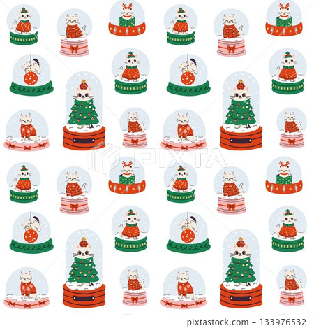 Seamless Christmas Pattern with Cats in Snow Globes Seamless Christmas Pattern with Cats in Snow Globes 133976532