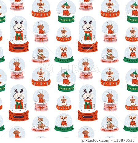 Cute Holiday Dog Snow Globes in Festive Repeating Design Cute Holiday Dog Snow Globes in Festive Repeating Design 133976533