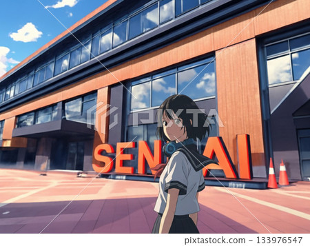 一名高中女生站在仙台車站前。 133976547