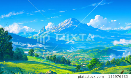 晴朗的夏日山景，動漫風格 133976583