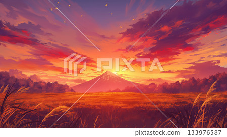 傍晚遠眺山，動漫風格 133976587