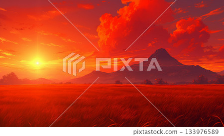 Red sunset and mountain scenery, anime style 133976589