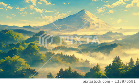 Distant view of mountains in the evening, anime style 133976591