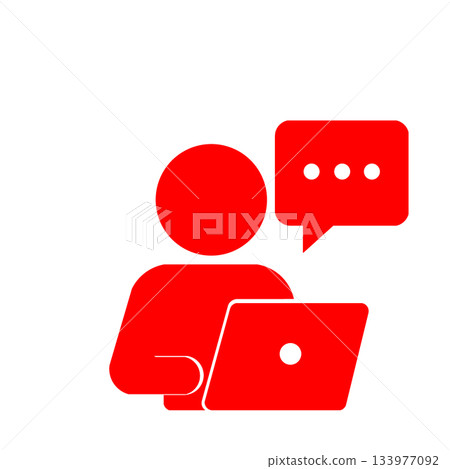 Pictogram of a person sending a message on a computer (red) 133977092