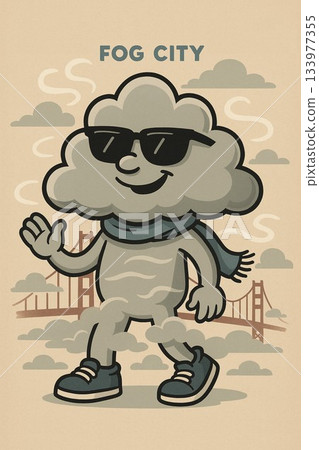 舊金山風格的插畫，描繪了一個霧氣人物在城市中漫步。 133977355