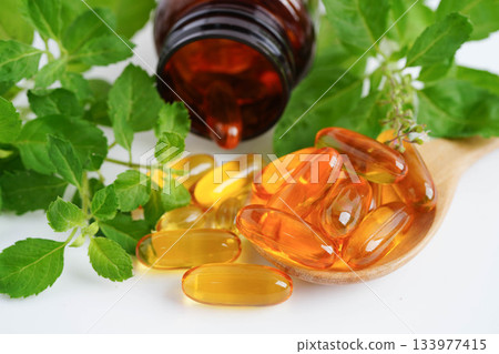 Alternative medicine herbal organic capsule with vitamin E omega 3 fish oil, mineral, drug with herbs leaf natural supplements for healthy good life. 133977415