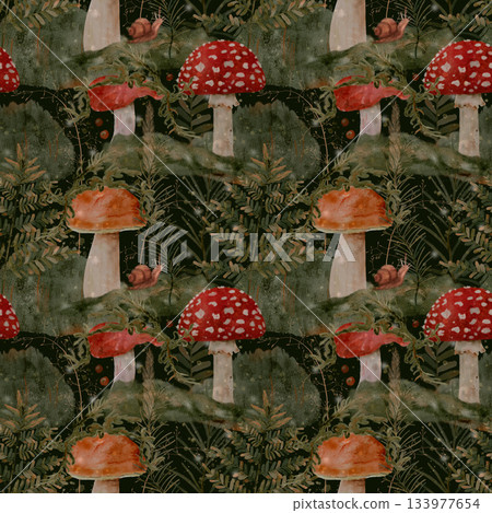 an artistic rendering of fly agaric mushrooms surrounded by intricate fernlike watercolor elements an artistic rendering of fly agaric mushrooms surrounded by intricate fernlike watercolor elements 133977654