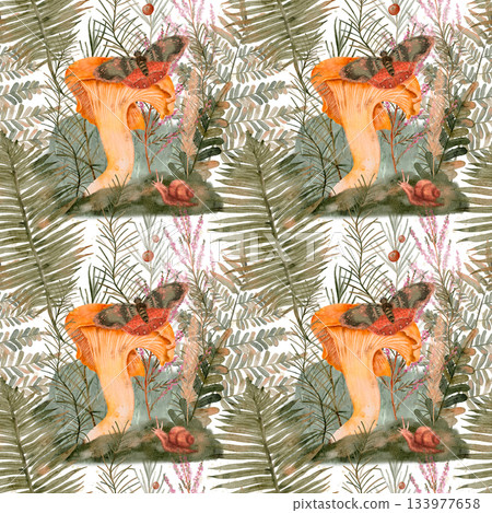 dewy botanical forest illustration, detailed watercolor depiction of forest floor mushrooms and foliage 133977658