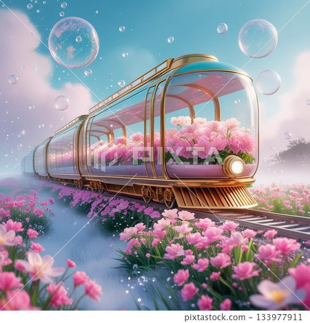 一輛水晶列車駛過花田 133977911