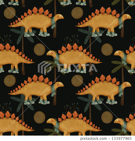 A vibrant and colorful Stegosaurus dinosaur pattern set against a dark background design 133977965