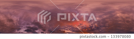 Dramatic Sunset sky 360 panorama. Vibrant sky with bright glowing red pink Cumulus clouds. HDR 360 seamless spherical panorama. Sky dome for aerial drone panoramas. Climate and weather change. Dramatic Sunset sky 360 panorama. Vibrant sky with bright glowing red pink Cumulus clouds. HDR 360 seamless spherical panorama. Sky dome for aerial drone panoramas. Climate and weather change. 133978080