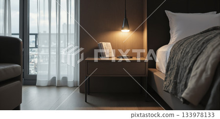 Modern Bedroom Interior Nightstand Lamp Close Up Bedside Table Decor Cozy Warm Lighting Reading Light Hotel Room Simple Detail Comfort 133978133